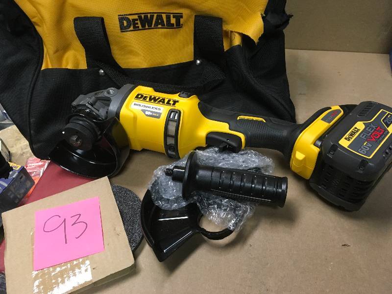 lot 93 image: DEWALT FLEXVOLT 60-Volt MAX Lithium-Ion Cordless Brushless 4-12 in. Angle Grinder with Battery 2Ah, Charger and Contractor Bag in like new condition