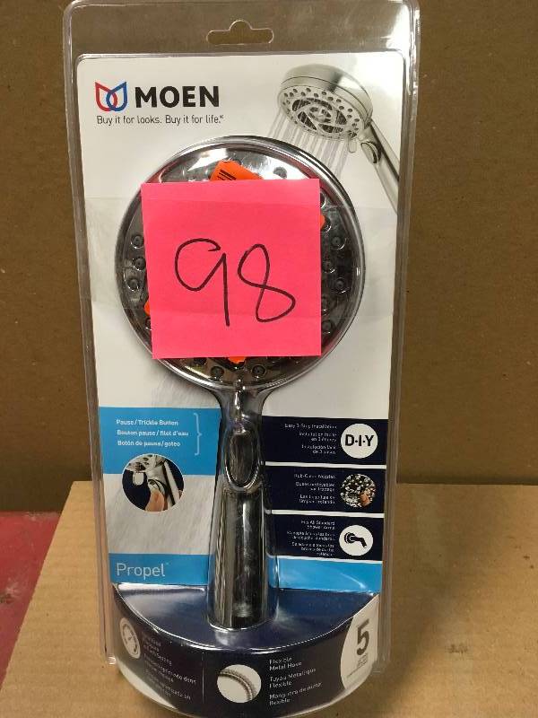lot 98 image: MOEN Propel 5-Spray 4.5 in. Handheld Shower in Chrome in like new condition