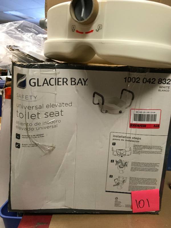lot 101 image: Glacier Bay  1-Piece Adjustable Elevated Toilet Seat in White Color in good conditions