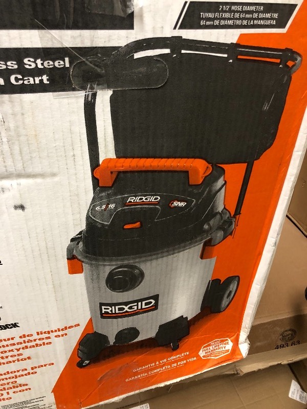 lot 116 image: RIDGID  16 Gal. 6.5-Peak HP Stainless Steel Wet Dry Vac IN WORKING CONDITIONS