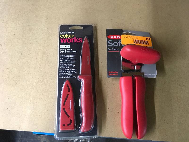 lot 112 image: Oxo Can Opener And Farberware 3.5 In. Pairing Knife, Retail $16.99