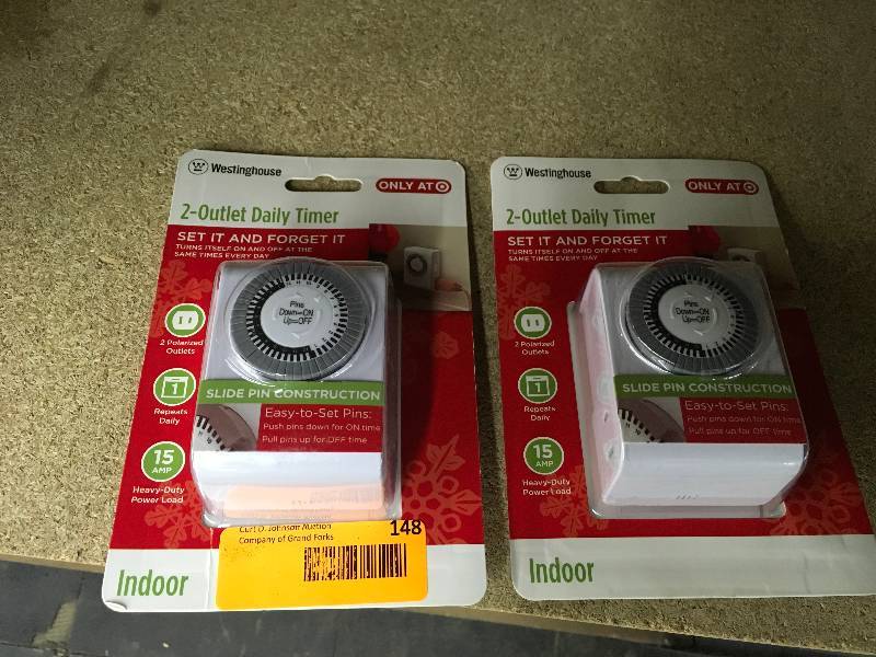 lot 148 image: Two Westinghouse 2 Outlet, Indoor Mechanical Timer, Retail $9.99