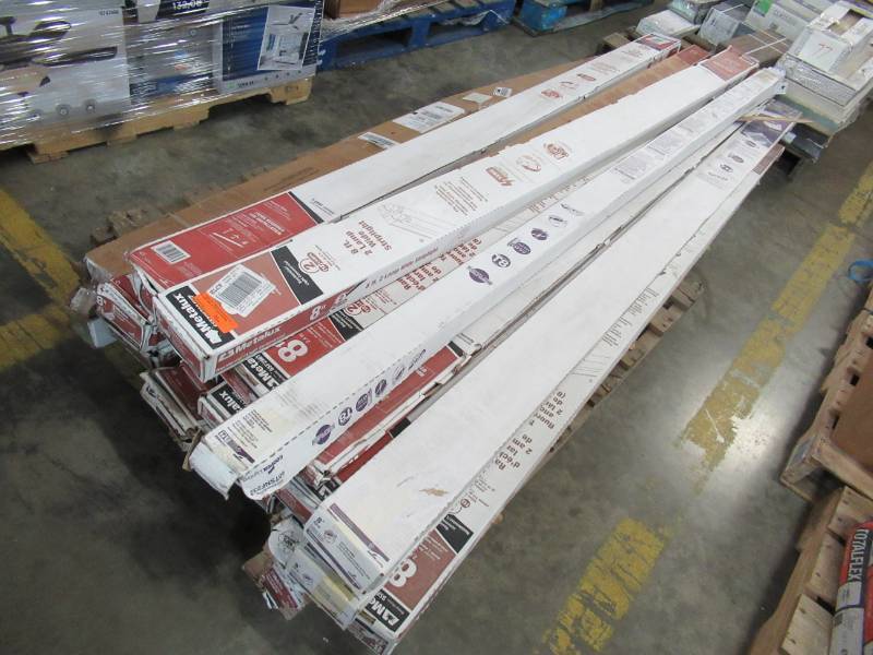 lot 241 image: Pallet of 1 & 2-Light 8 ft. White Fluorescent Strip Lights with T12 or T8 Light Sockets