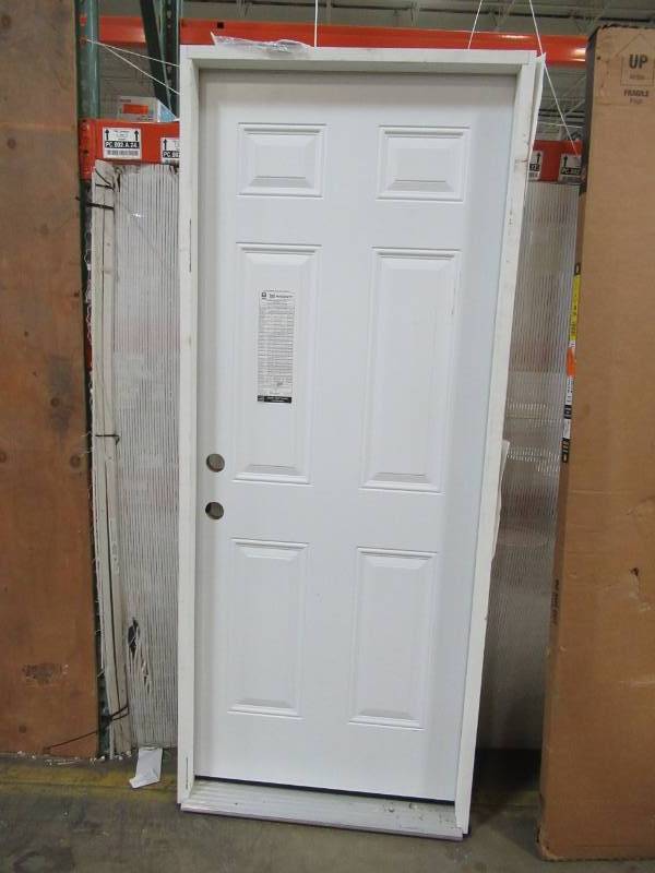 lot 273 image: Masonite 32 in. x 80 in. 6-Panel Right Hand Inswing Primed White Smooth Fiberglass Prehung Front Door with Brickmold