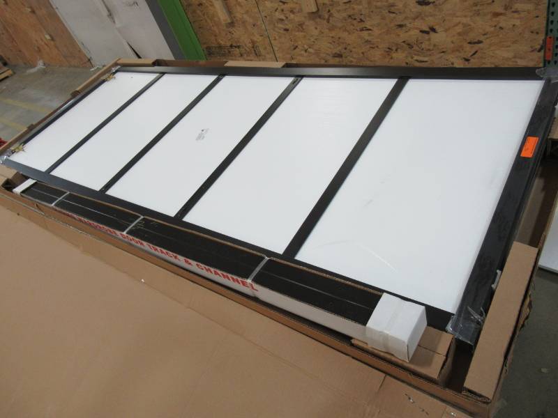 lot 280 image: Contractors Wardrobe 72 in. x 96 in. Tranquility Glass Panels Back Painted White Interior Sliding Door with Espresso Wood Frame