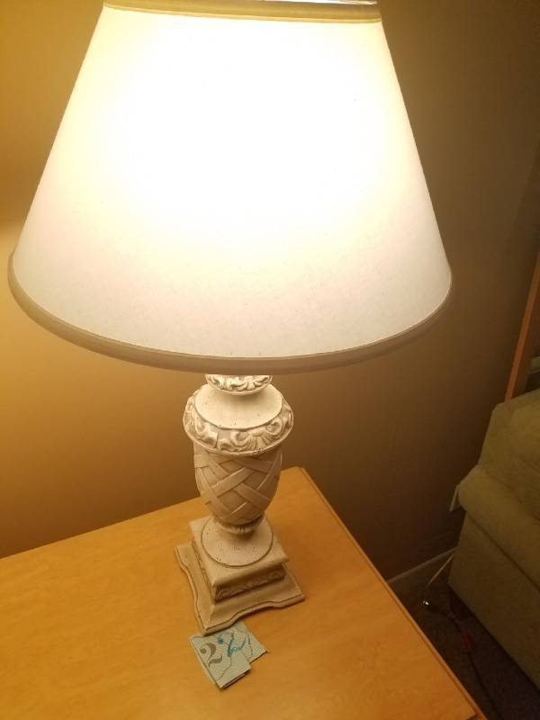 lot 20 image: Pair of Heavy Cast Aluminum Table Lamps With Shades