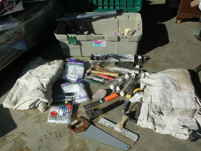 lot 75 image: Tote with Painting Supplies, Drop Cloths