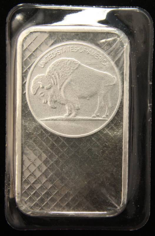 lot 38 image: 5 TROY OZ. .999 FINE SILVER BAR INDIAN BUFFALO DESIGN SEALED