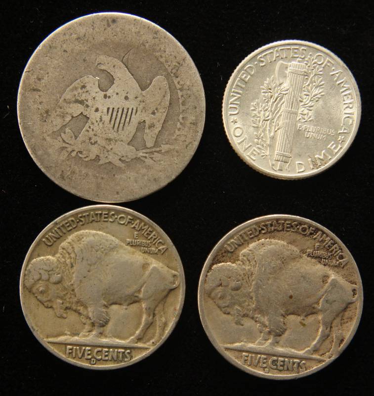 lot 39 image: 4 COINS 1854 SEATED 25C 1941 10C UNC 1928-D 1938-D BUFFALO 5C