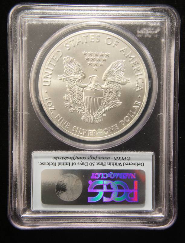 lot 50 image: 2012(W) AMERICAN SILVER EAGLE 1 TROY OZ. .999 FINE SILVER MS70 PCGS FIRSTSTRIKE