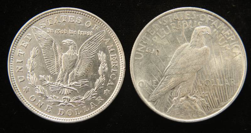 lot 54 image: 2 AU-UNC SILVER DOLLARS 1921 MORGAN 1922 PEACE
