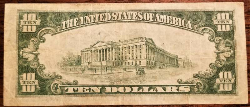 lot 05-A image: 1934 US $10 BLUE SEAL SILVER CERTIFICATE FEDERAL RESERVE NOTE