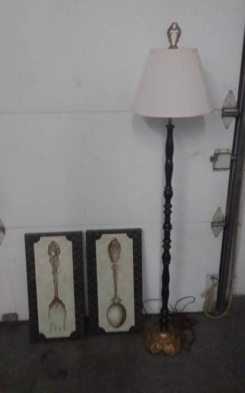 lot 22 image: Victorian Fork & Spoon Canvas Pictures, Victorian Floor Lamp