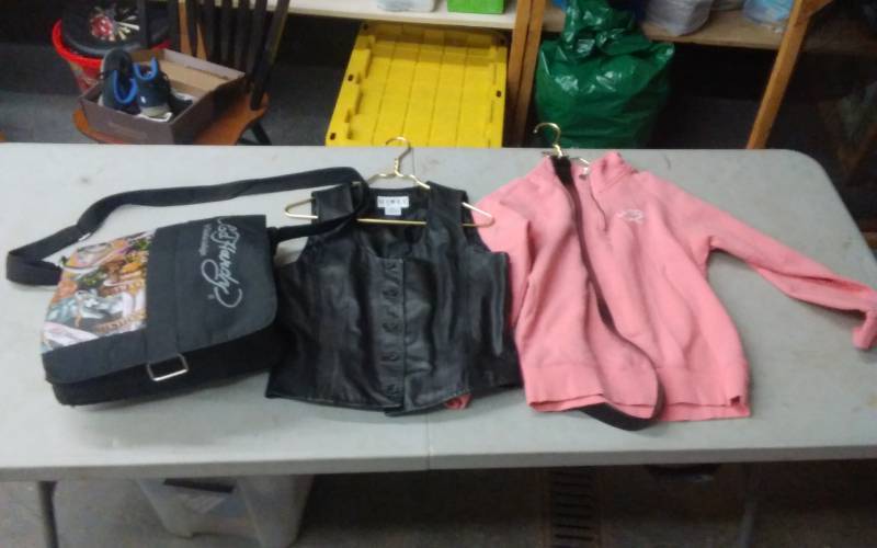 lot 43 image: Ed Hardy Messenger Bag, Lake Girl Sweatshirt Size S, 5-Leather Vests, Belt