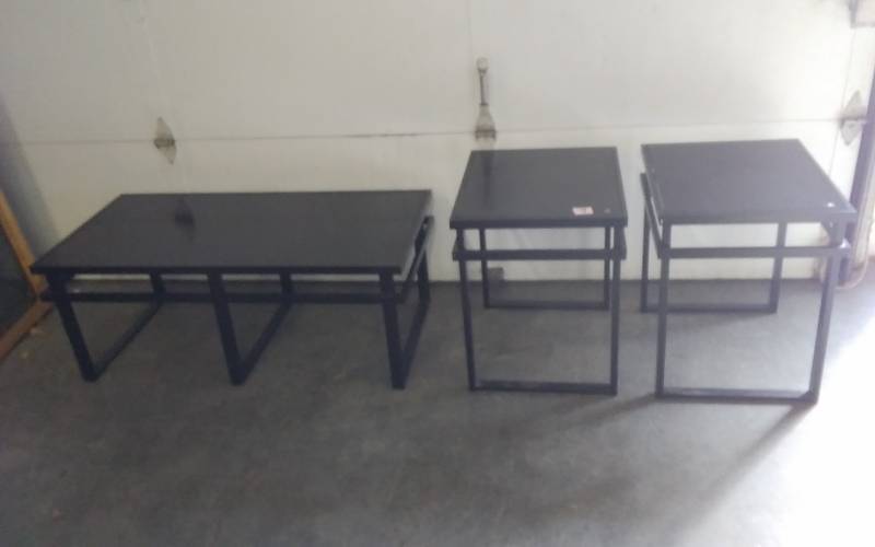 lot 1 image: 3 Piece Metal Table Set (Black Metal With Glass Tops)