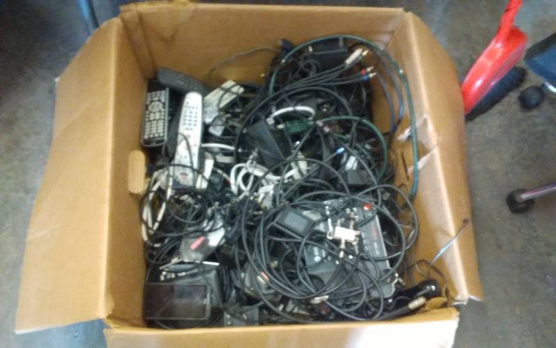 lot 3 image: Box Of Assorted Remotes, Coax, RCA, HDMI Cables, More-Related