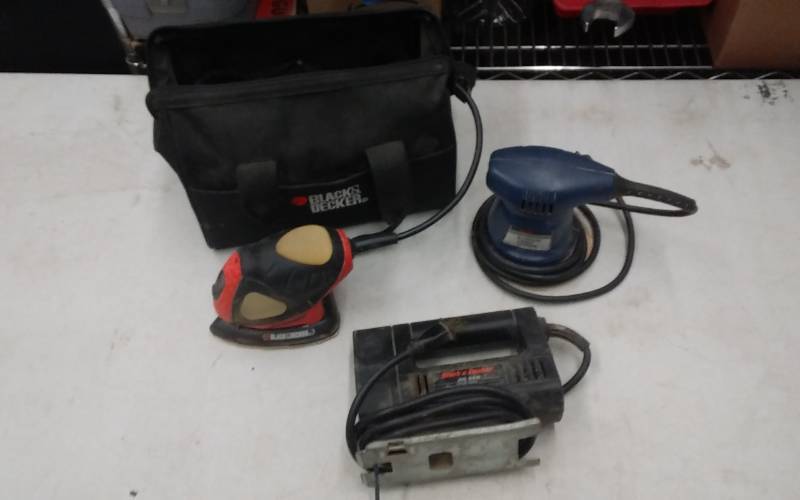 lot 17 image: Black & Decker Mouse Sander, Ryobi Random Orbit Sander, Black & Decker Jig Saw