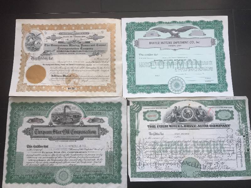 lot 15 image: 4 Antique Stock Certificates - Mining, Oil, Auto