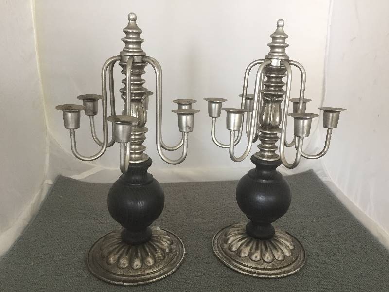 lot 115 image: Wood & Metal Gothic Style Candleholders