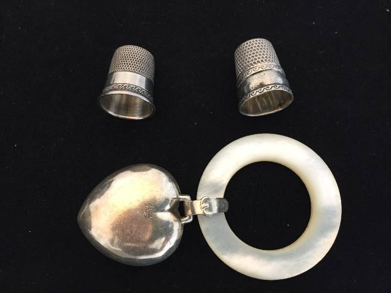 lot 87 image: Antique Sterling Silver & Mother of Pearl Baby Rattle & 2 Sterling Thimbles
