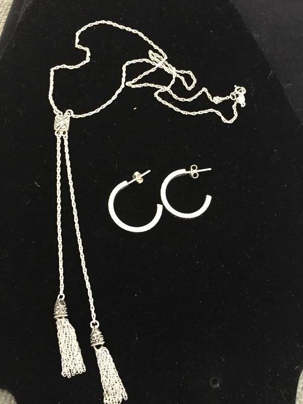 lot 132 image: Sterling Silver Marcasite Necklace & Hoop Earrings