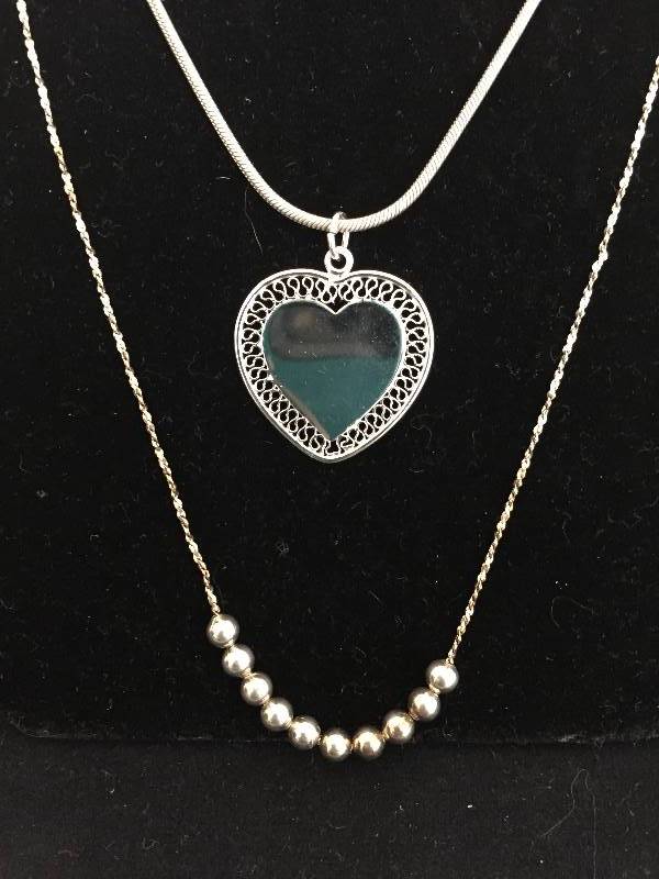 lot 148 image: 2 Sterling Silver Necklaces - Beaded & Heart Pendant