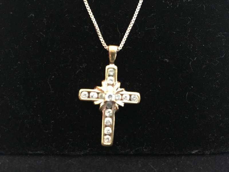 lot 57 image: Sterling Silver Rhinestone Cross Necklace Gold Overlay