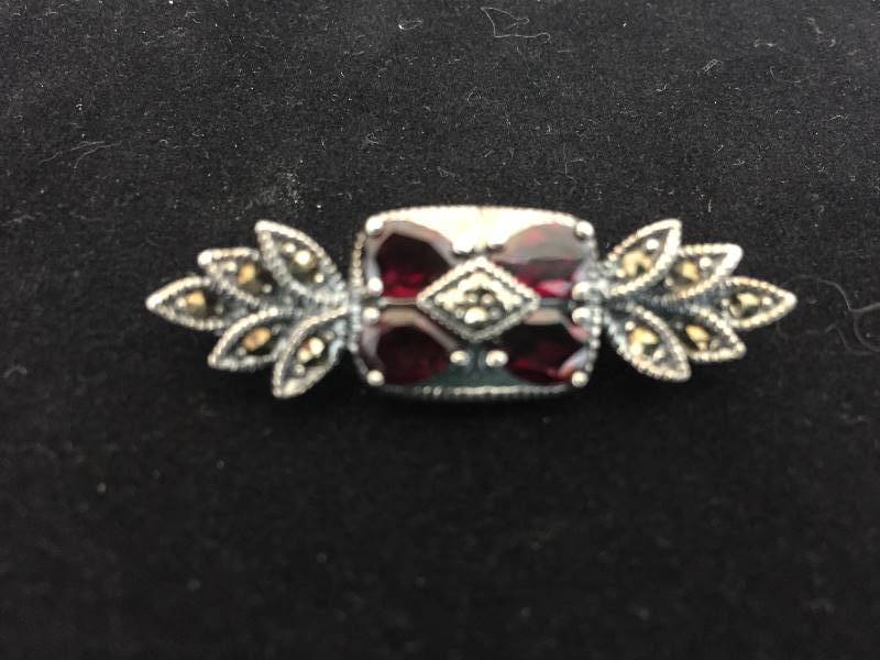 lot 27 image: Vintage Sterling Silver Red Stone & Marcasite Brooch  Pin