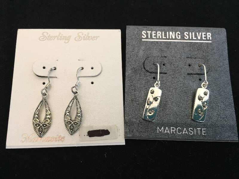 lot 56 image: 2 Pairs Sterling Silver Marcasite Pierced Earrings