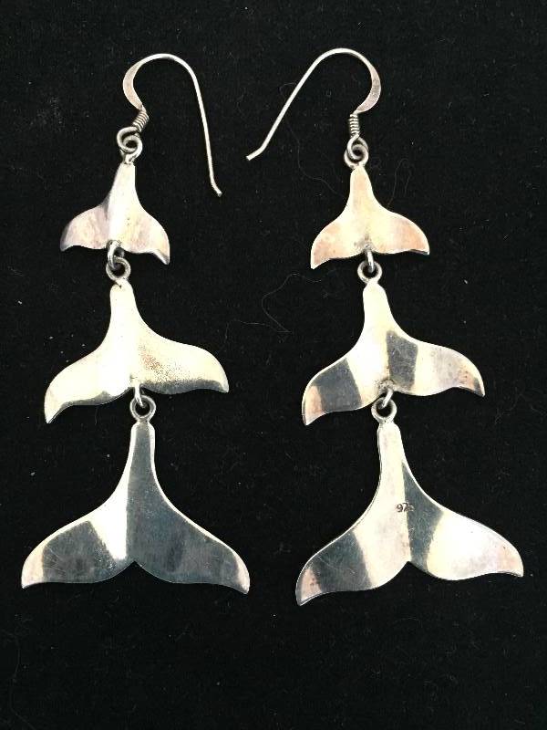 lot 39 image: Long Sterling Silver Dolphin Tail Pierced Earrings