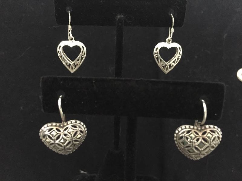 lot 129 image: 2 Pairs Sterling Silver Heart Drop Pierced Earrings - one Marcasite