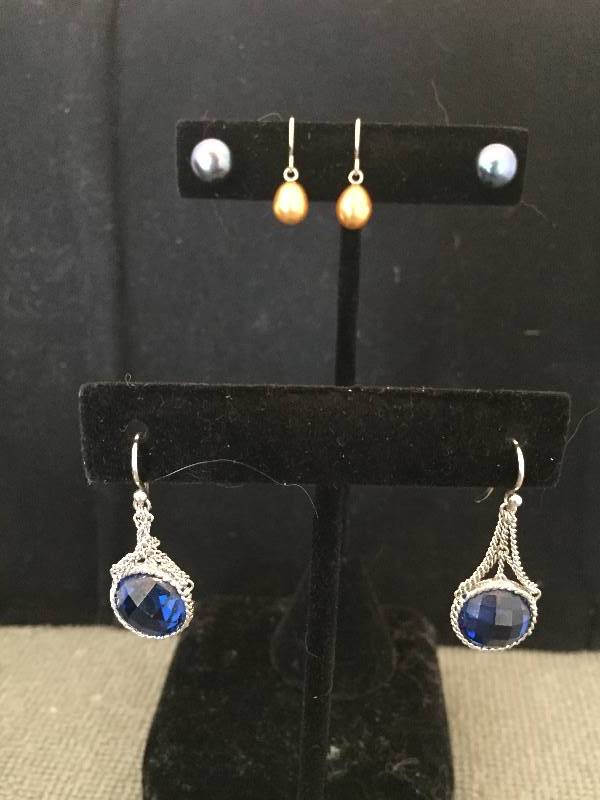 lot 146 image: 3 Sterling Silver Pierced Earrings - 2 sets of Pearls, Blue Stone Drop Earrings