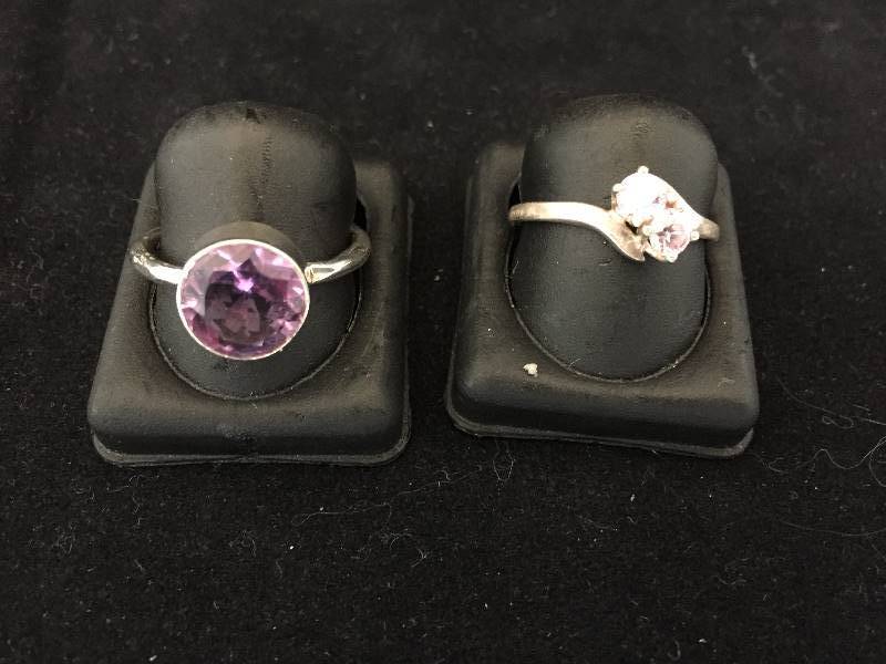 lot 74 image: 2 Sterling Silver Rings - Purple Stone - Pink Stones