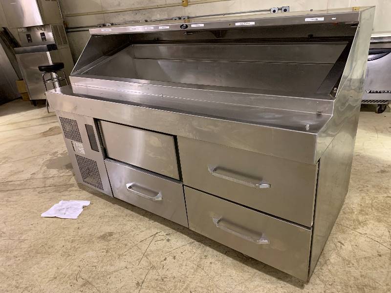 Stainless Steel Refrigerated Prep Table on Wheels, 72in. Separate Cooling for Rail and Base, 115V, &nbsp NoteOnly 3 Working Drawers upper Left Drawer not in UseRuns-Cools