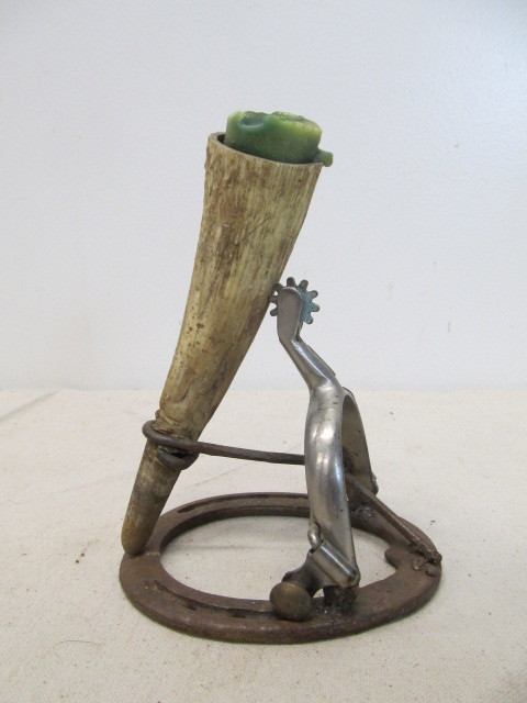 lot 127 image: Vintage Western Folk Art Spur Horseshoe & Horn Candle Holder