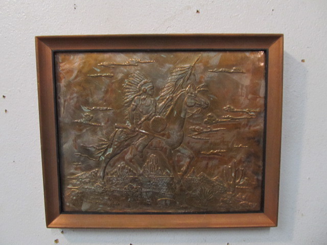 lot 163 image: Vintage Embossed Copper Frieze - Native American Chief on Horseback - 11 x 9