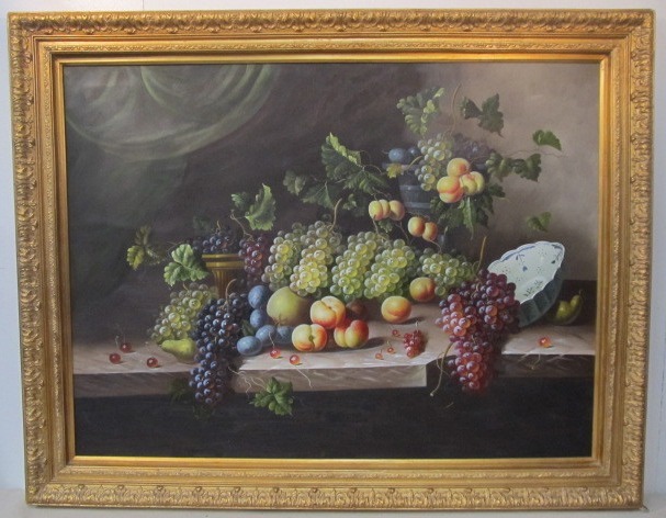 lot 40 image: Very Nice LARGE Framed Original Oil On Canvas Still Life Painting - Fruit on Table