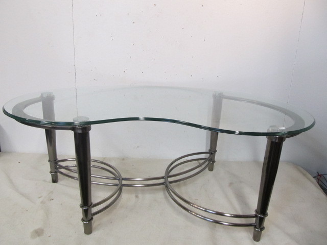 lot 255 image: Nice Mod Kidney Shaped Stainless Base with Glass Table