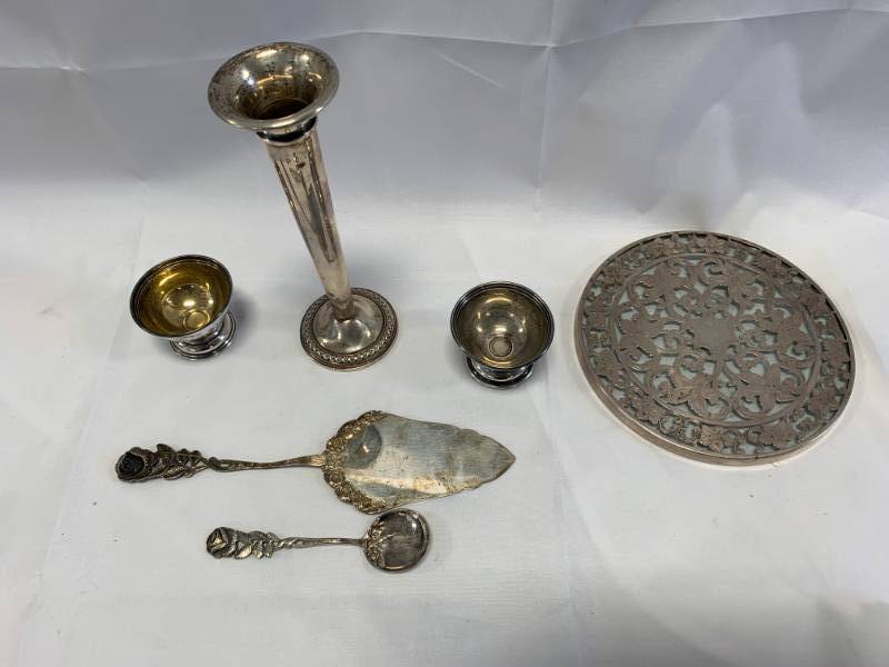 lot 32 image: .925 Silver Candle Holders, Silverplate Spoon & Server