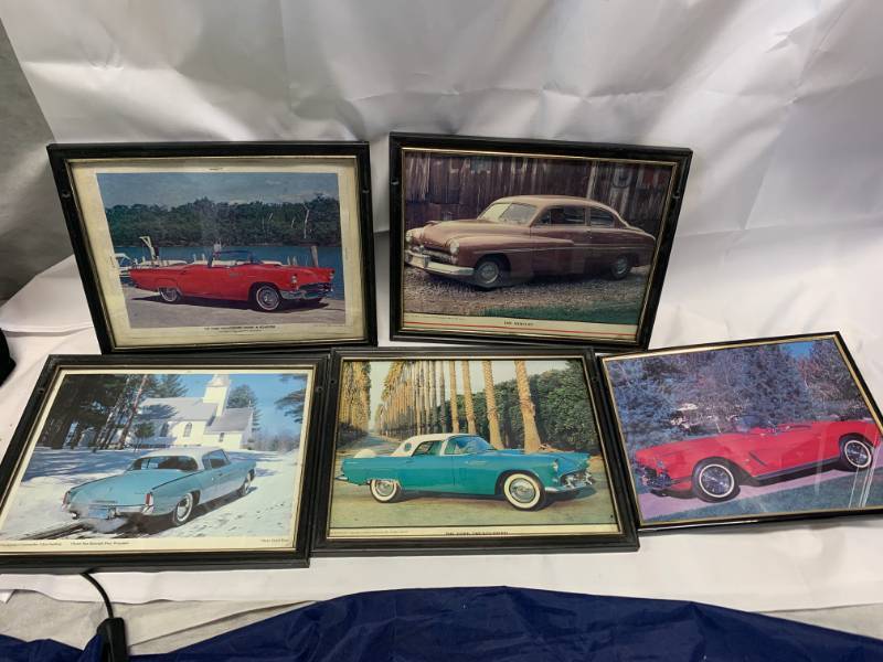lot 64 image: Lot of 5 Vintage Framed Classic Cars