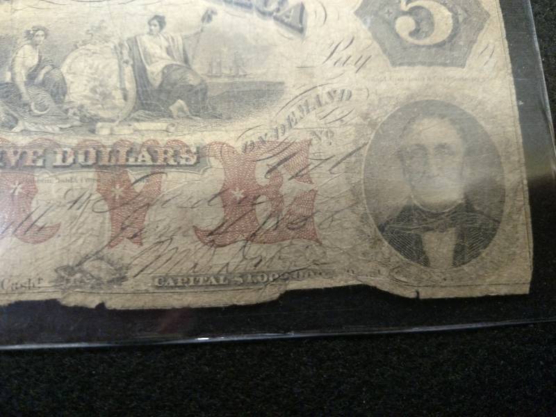 lot 134 image: 1858 Large Size Five Dollars Bank o...
