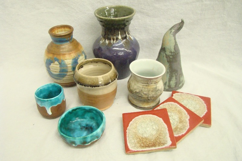 lot 15 image: Lot of Custom Made Dock 6 Pottery Kerry Brooks Etc Vases Cups Bowl Coasters Sculpture