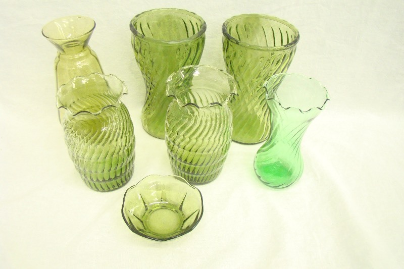 lot 23 image: Lot of Green Depression Glass Etc Vases