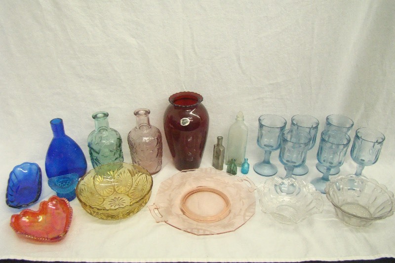 lot 24 image: Lot of Colored Depression Glass Bottles Vases Etc