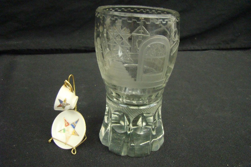 lot 41 image: Masonic Crystal Glass and Miniature Teacup Set with Stand