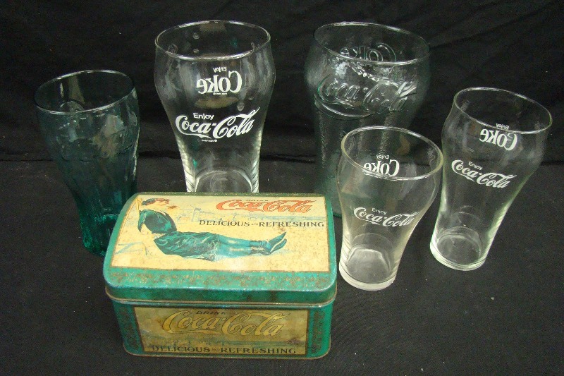 lot 46 image: Vintage Coca-Cola Coke Glasses and Tin Including 2 Jumbo 