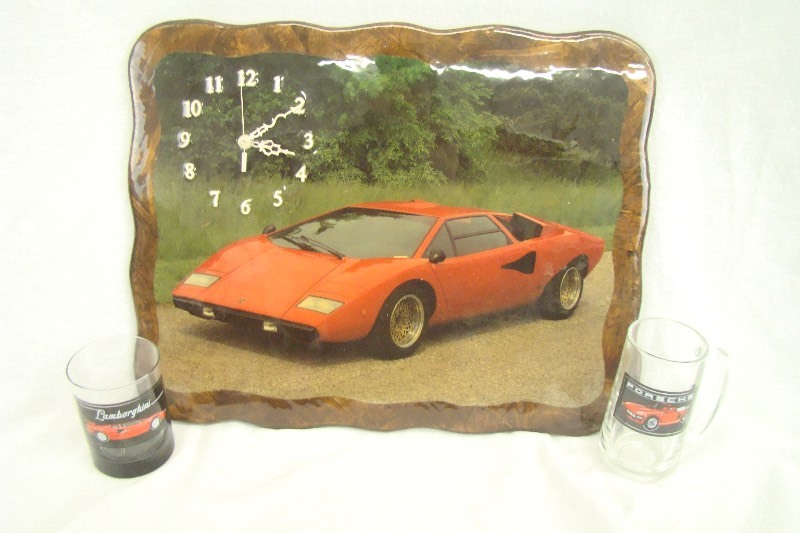 lot 47 image: Vintage Lamborghini Wall Clock and Collectible Glasses Porsche Man Cave