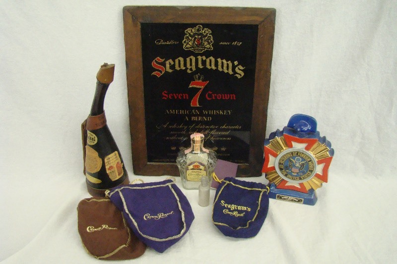 lot 48 image: Rare Vintage Whiskey Bottles and Glass Sign VFW Etc