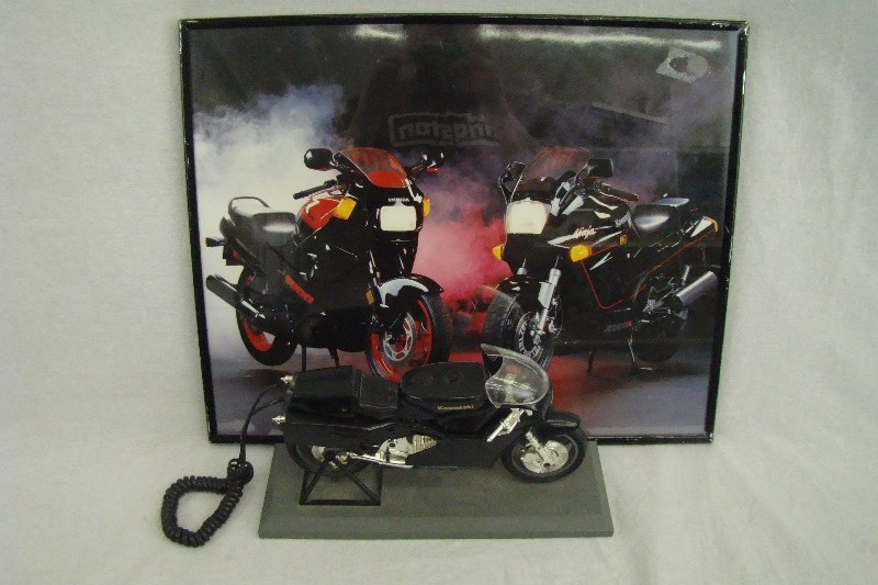 lot 91 image: Vintage Kawasaki Ninja Phone and Framed Poster Man Cave