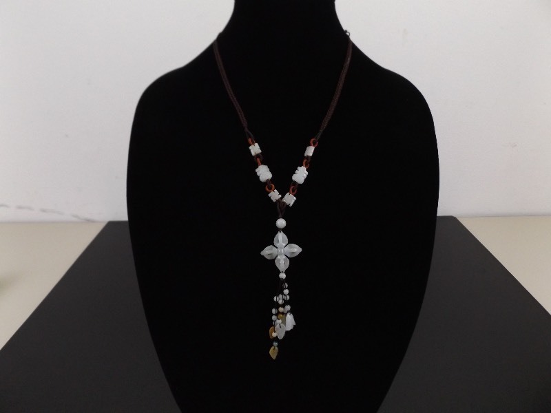 lot 116 image: Carved Jade Pendant Brown Silk Adjustable Necklace